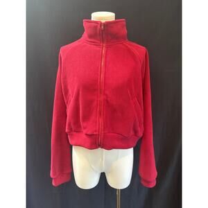 Red Fleece Zip-Up Jacket For Women Size L Polyester Cotton Blend Machine Washabl